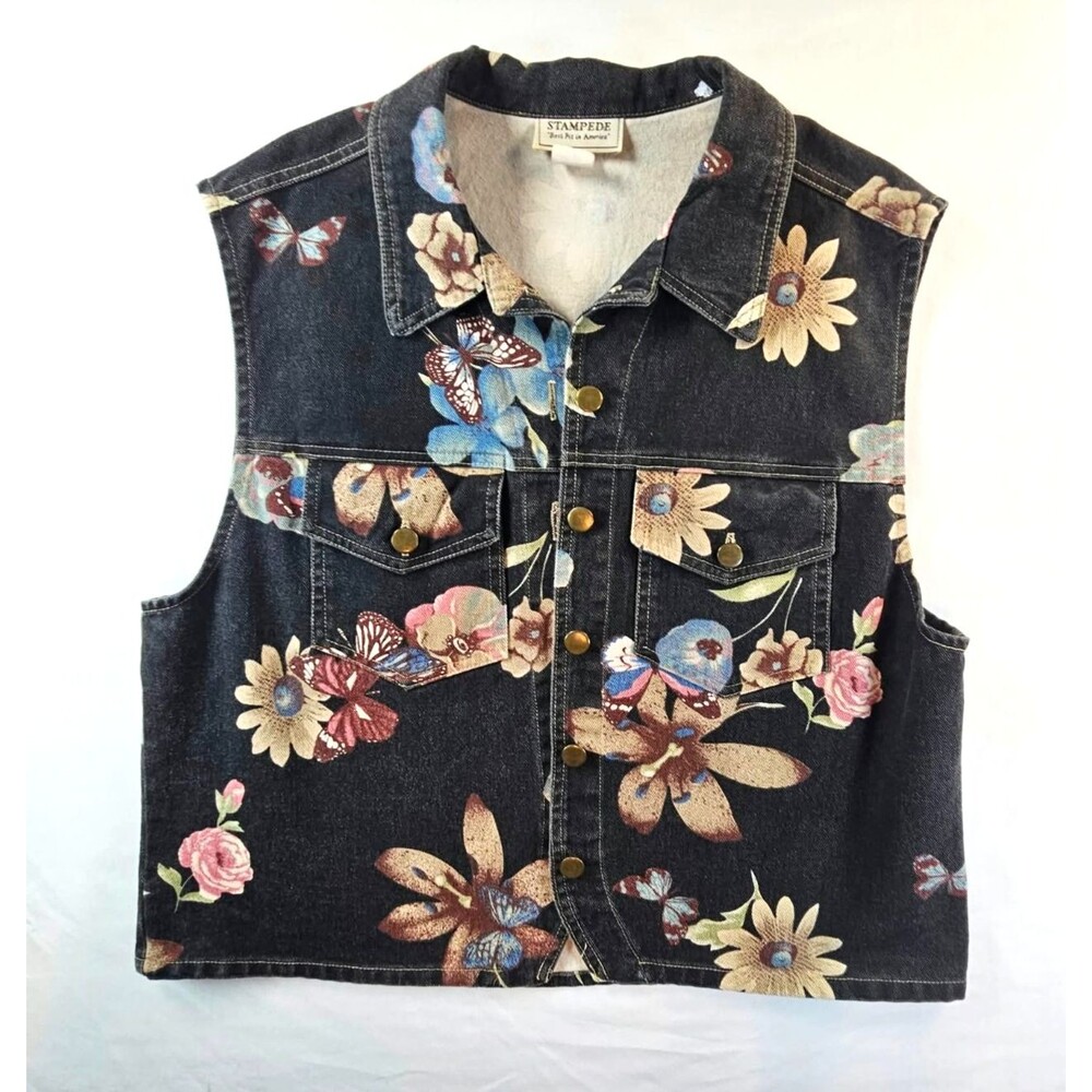 Vtg 90s Stampede Floral Butterfly Pattern Denim Vest Size Large USA Made Floral